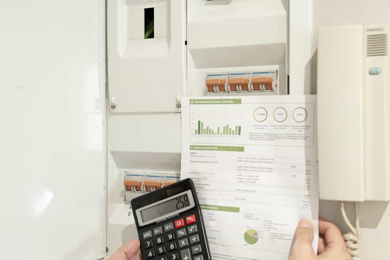 a hand holding an electricity bill and calculator